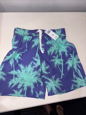 abercrombie kids Blue and Teal Palm-Print Swim Trunks